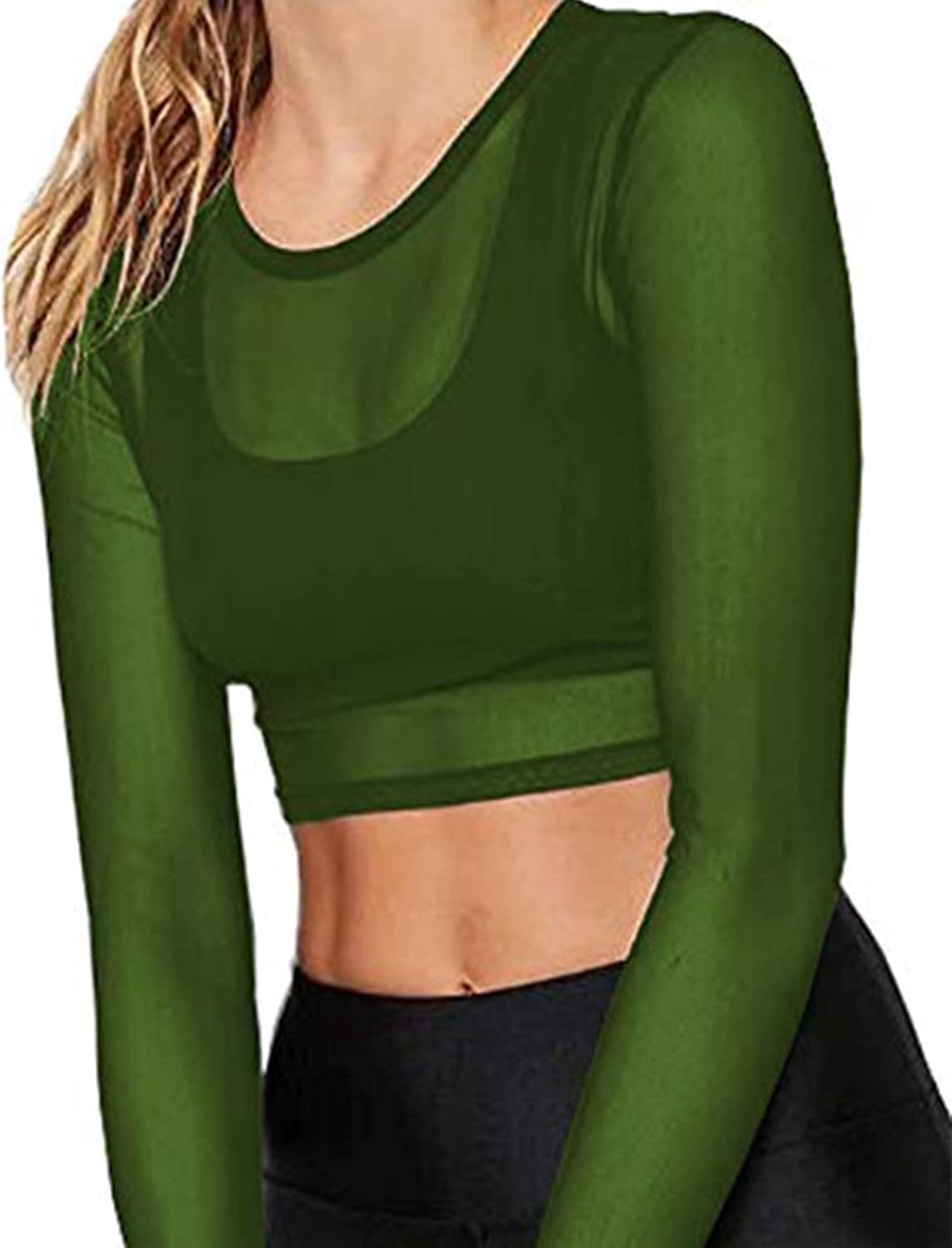 BelleLovin Women's Sheer Mesh Long Sleeve Crop Top Sexy Tee Blouse