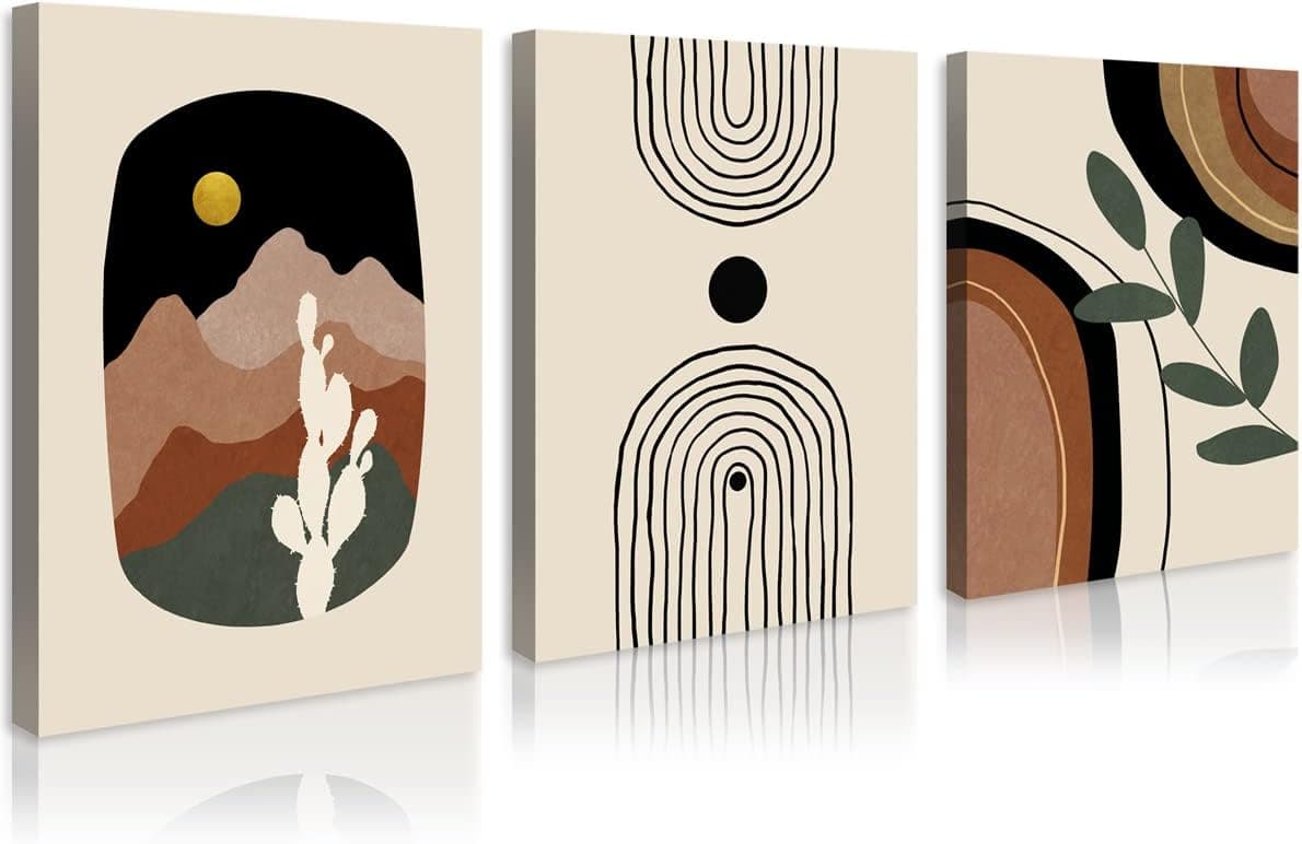 Boho Wall Decor for Living Room, Abstract Boho Wall Art Prints Set of 3, Boho Canvas Wall Art, Minimalist Wall Art, Mid Century Prints, Bohemian Wall Art Framed Ready to Hang for Bedroom Bathroom Kitchen Dining Room Home Office Wall Decor 12x16in