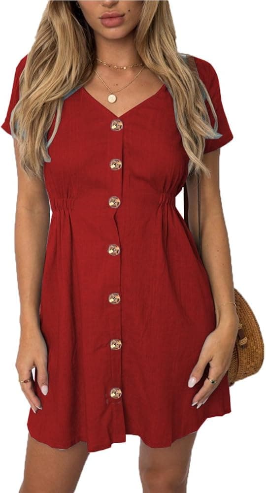 ANRABESS Women's Dresses-Summer Short Sleeve V Neck Button Down Swing Mini Dress Solid Color Casual Mini Dress Red2-L BY-11
