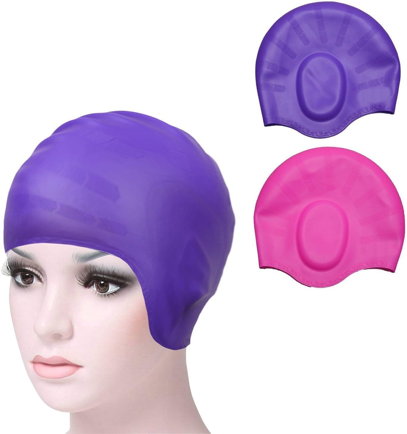 ilyever 2 Pack, Soft Wrinkle-Free Silicone Swim Swimming Cap Soft Ear Protective Bating Hat Cap for Short and Medium Length Hair