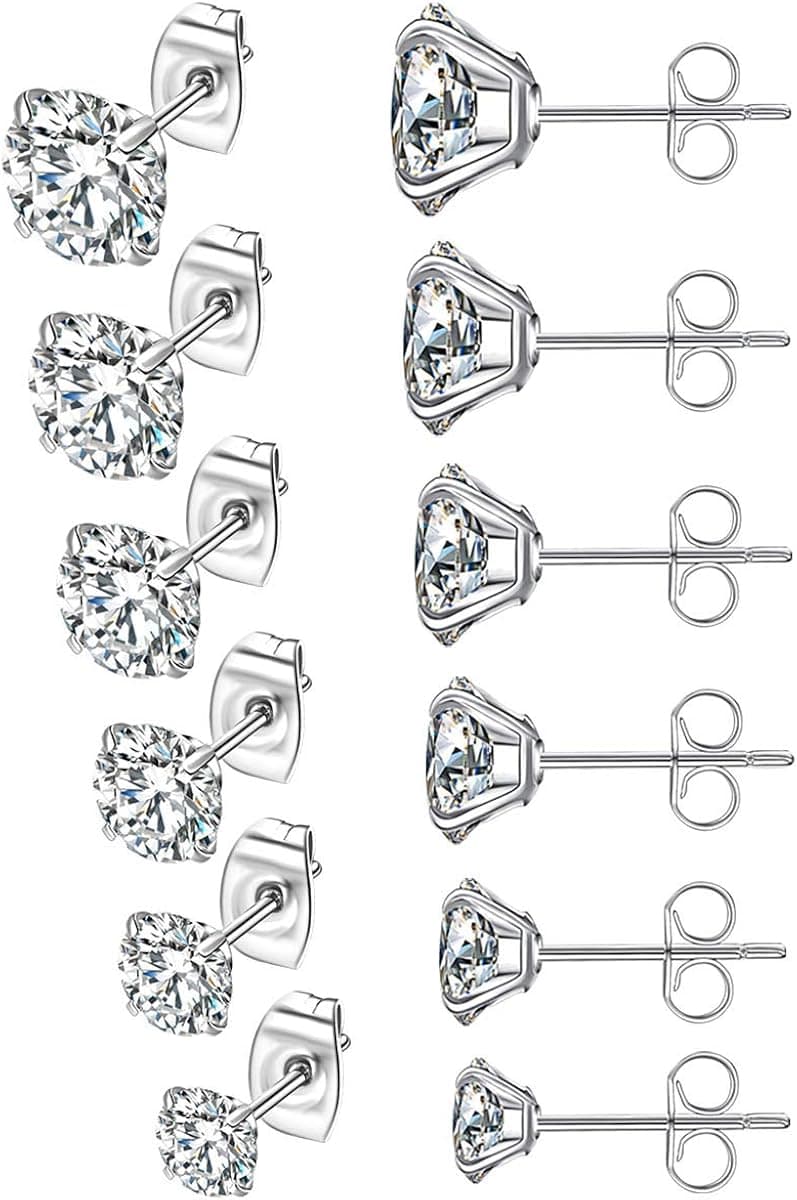 6 Pairs Stud Earrings Cartilage Earrings for woman 3/4/5/6/7/8mm Round Stainless Steel Earrings Studs with AAAAA+ Cubic Zirconia