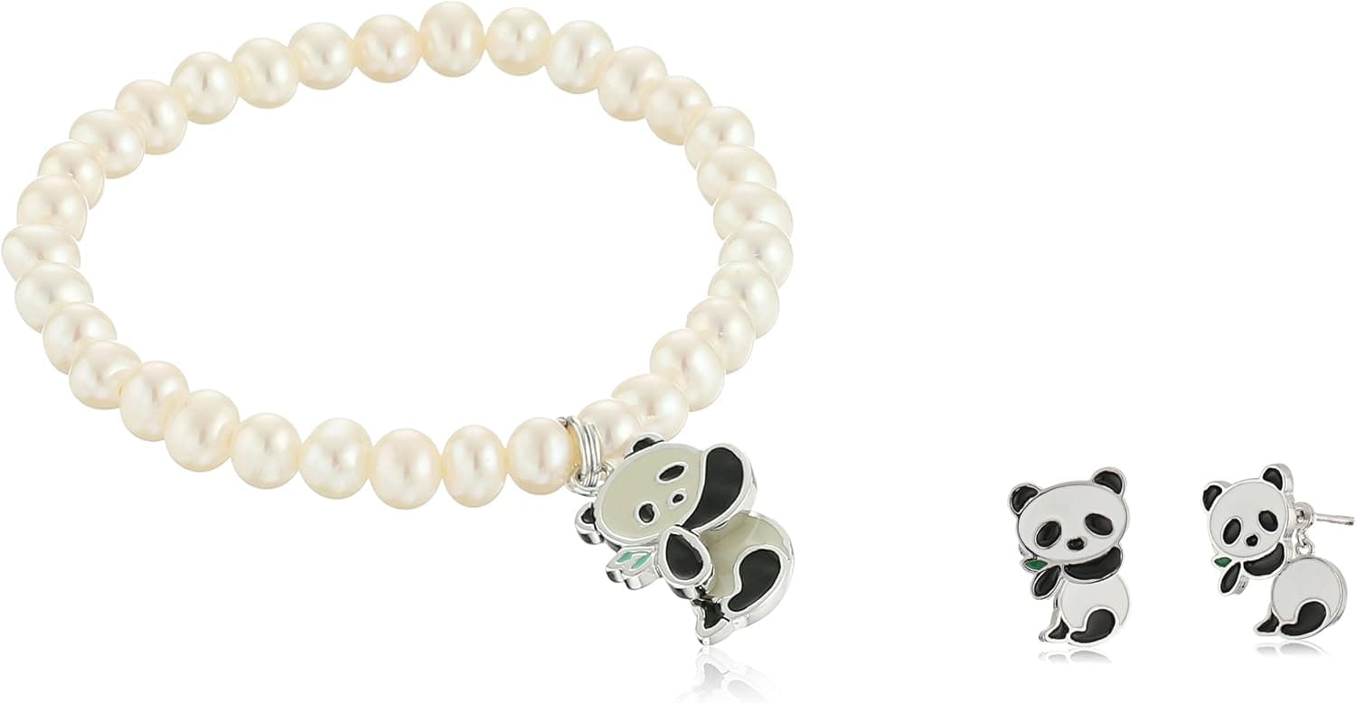 Amazon Collection Girls' Sterling Silver Freshwater Cultured Pearl 5.5" Beaded Bracelet with Panda Charm and Matching Stud Earrings
