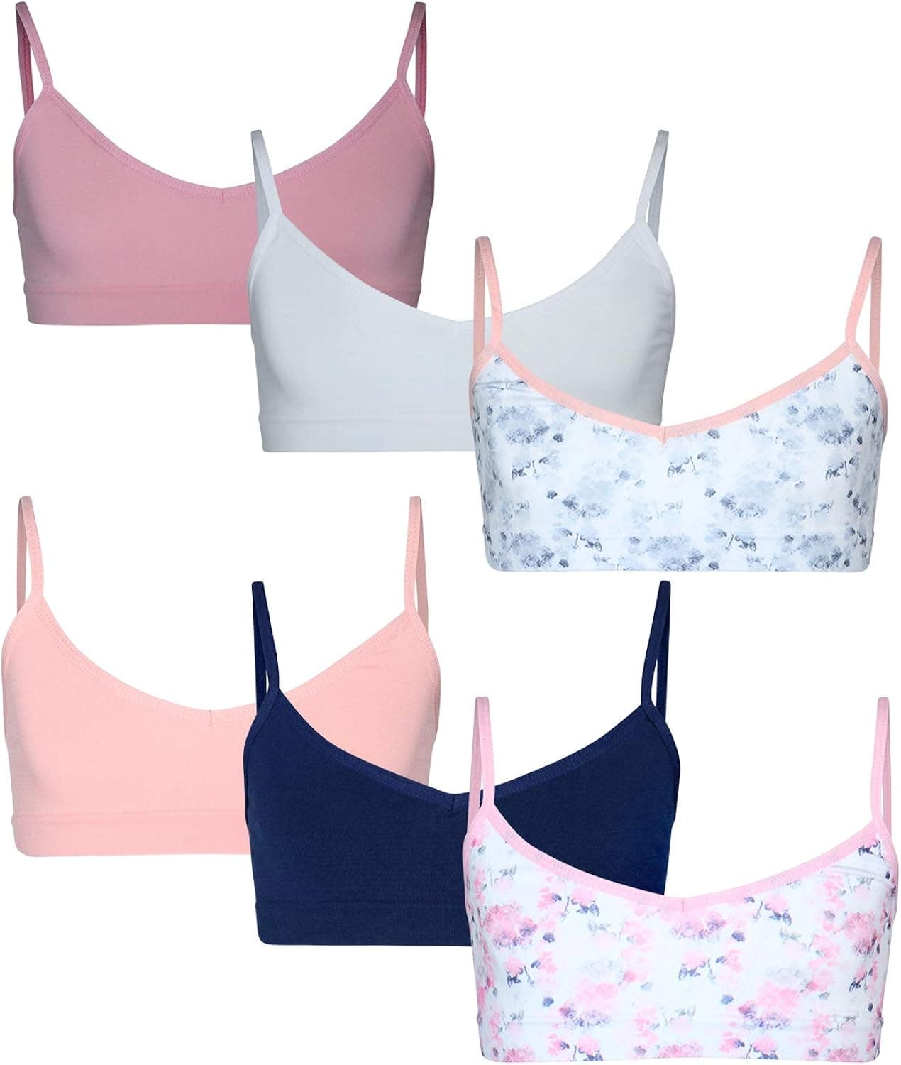 Sweet and Sassy Girl's Training Bra - Seamless A-Cup Sports Bra with Adjustable Spaghetti Straps (6 Pack)