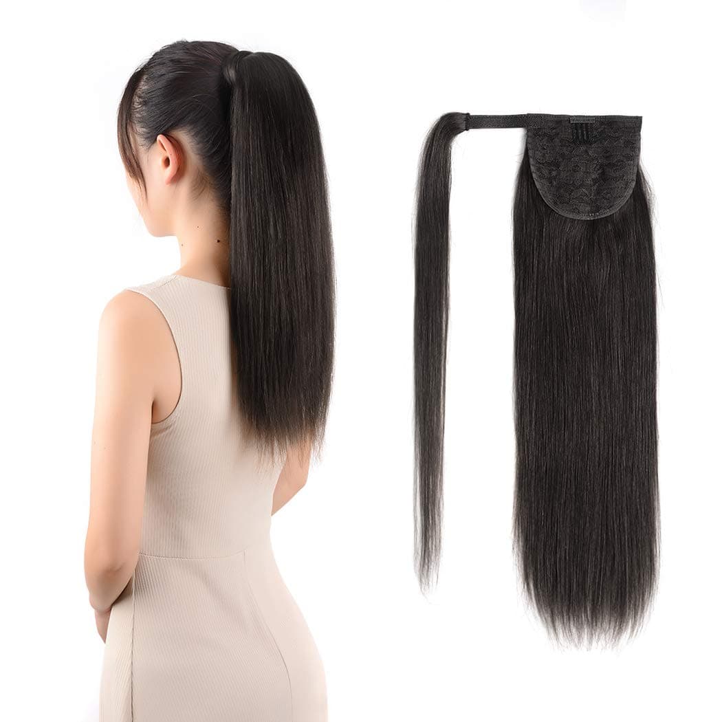 Ponytail Extensions Real Human Hair Clip in 18 inches 70g Off Black Color Straight Drawstring Warp Around Ponytail Hair Piece Remy Human Hair for Women (18"-70g, Off Black #1B)
