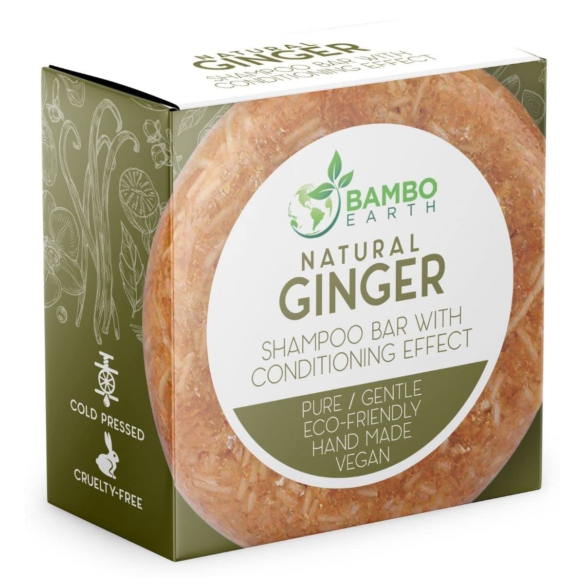 BAMBOEARTH Solid Shampoo Bar And Conditioner Effect Hair Soap – 100% Organic Shampoo Bars For Hair With All Natural Plant Based Essential Oils And Zero Waste Biodegradable Packaging (Ginger)