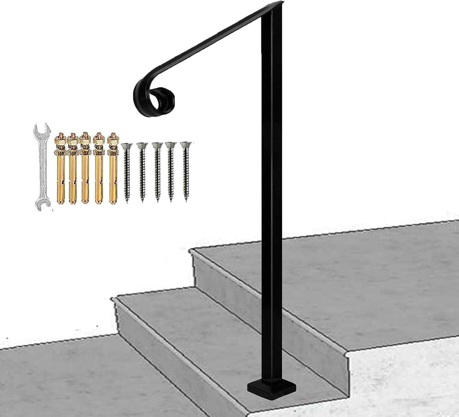 Handrail Railing,Single Post Handrail,Sturdy Outdoor Handrails with Base Wrought Iron Stair Handrail Fits 1 or 2 Steps Grab Rail for Steps Porch(Black)