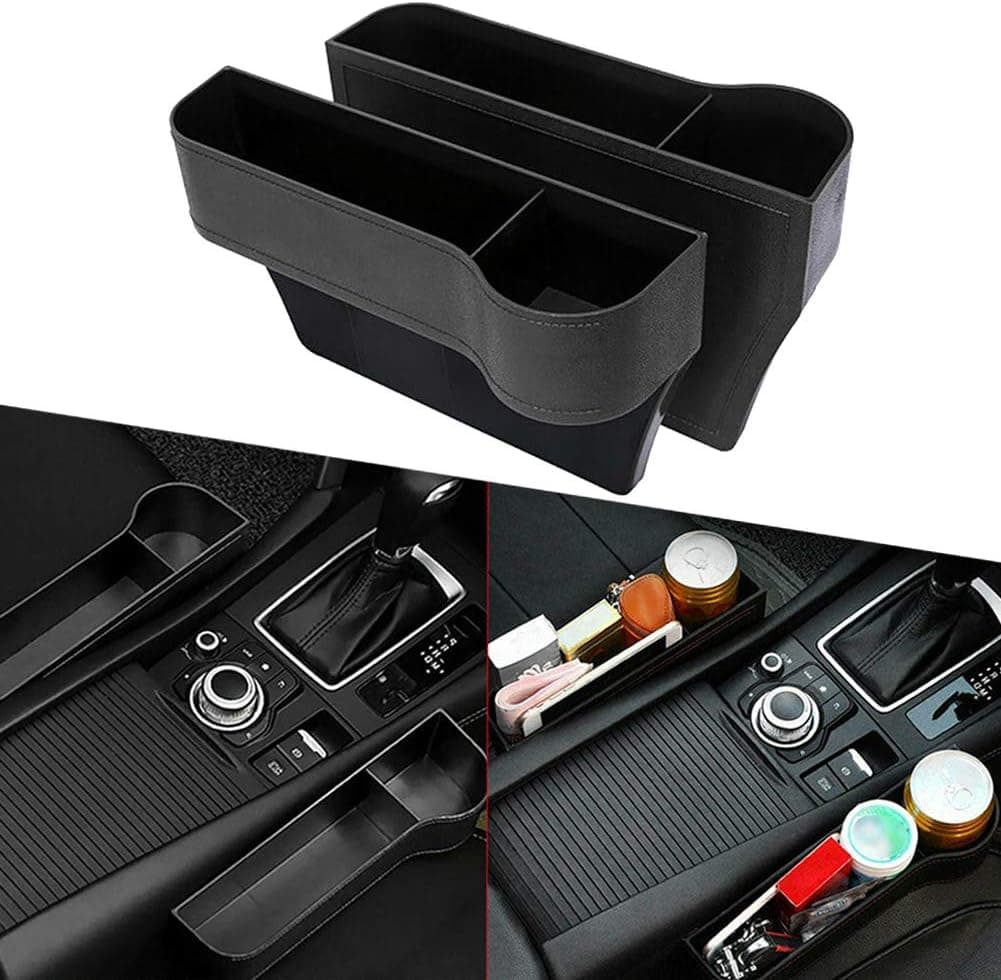 Ternence Flynn 2PCS Car Seat Gap Storage Boxes,Auto Seats Gap Organizer with Cup Holder Helps Reduce Distracted Driving & Holds Phone Money Cards Keys 10.2X6.3X2.2" (Drive+Passenger Side)