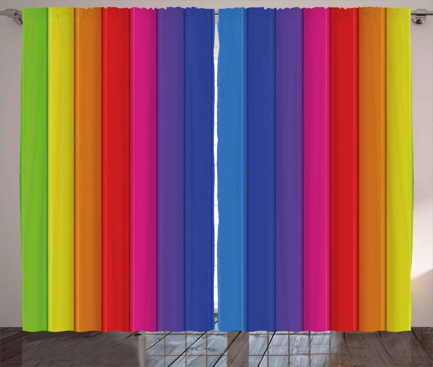 Ambesonne Abstract Curtains, Rainbow Style Vertical Bands Tiles Stripes in Vivid Tones Colorful Design, Living Room Bedroom Window Drapes 2 Panel Set, 108" X 108", Green Orange