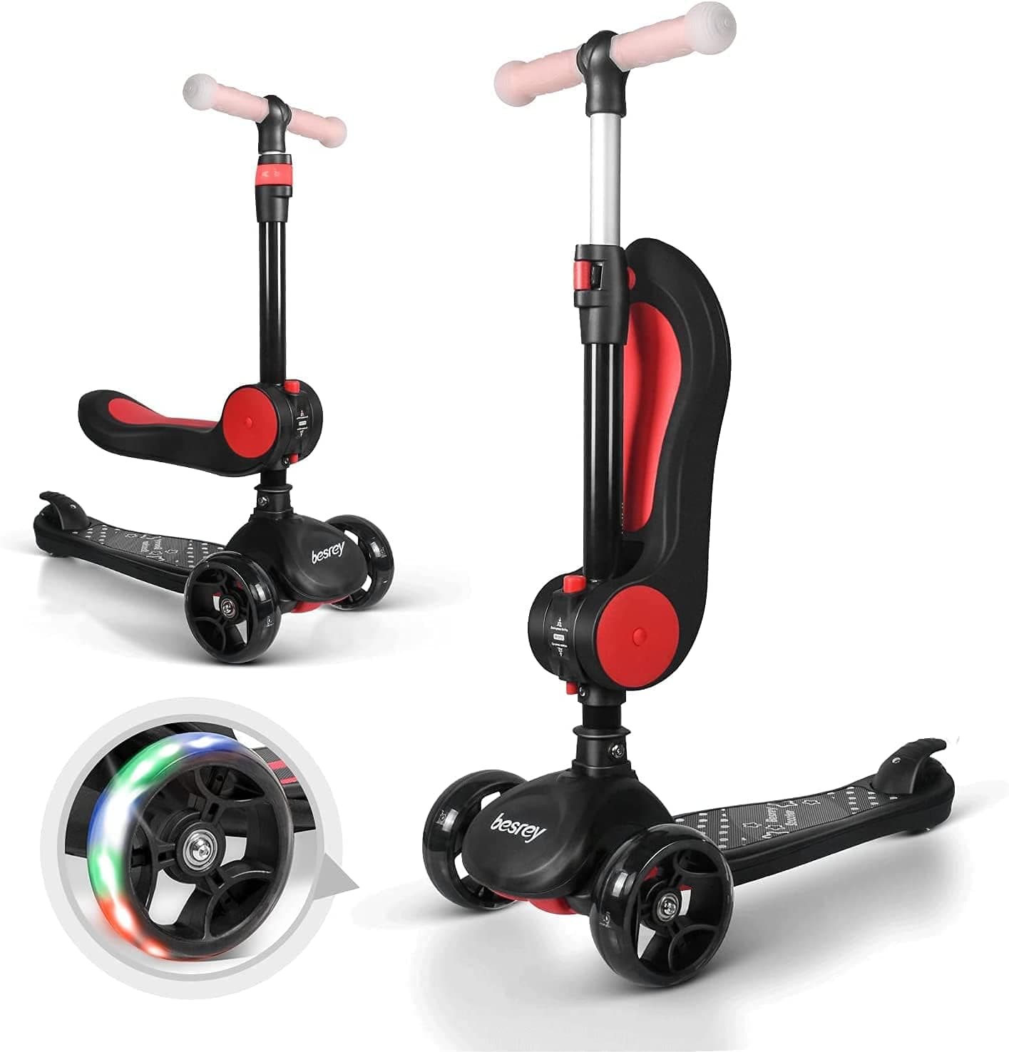 besrey Kick Scooter for Kids Ages 3-5, 3 Wheel Scooter for Kids with Removable Seat, Folding Kids Scooter with Adjustable Height LED Light Wheels Rear Brak Extra Wide Deck Best Gifts for Boys Girls