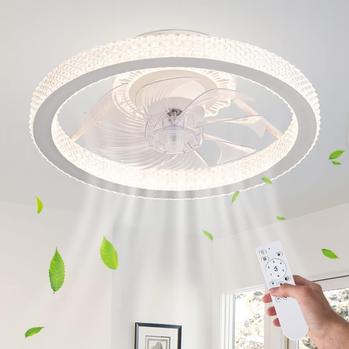 FENGSENGSHUIQI Ceiling Fan with Lights Modern Flush Mount Ceiling Fan Light Circular Remote Control Led 3-Color with 8 Hidden ABS Blades for Living room Bedroom Dining room White