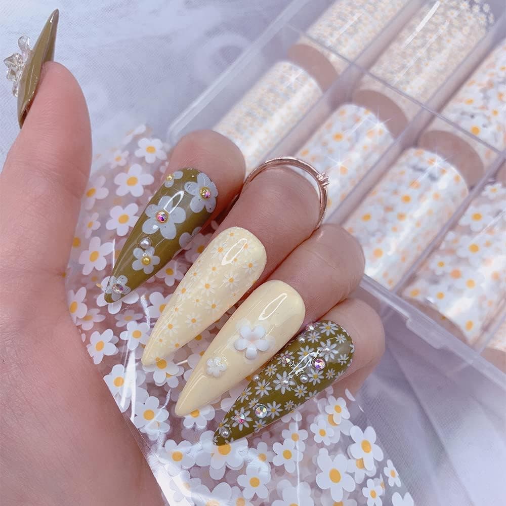 Daisy Flowers Nail Foil Transfer Stickers 10 Rolls White Daisy Nail Art Decals Spring Summer Nail Art Supplies Holographic Daisy Design Nail Polish Foil Adhesive Decals for Women DIY Manicure Tips