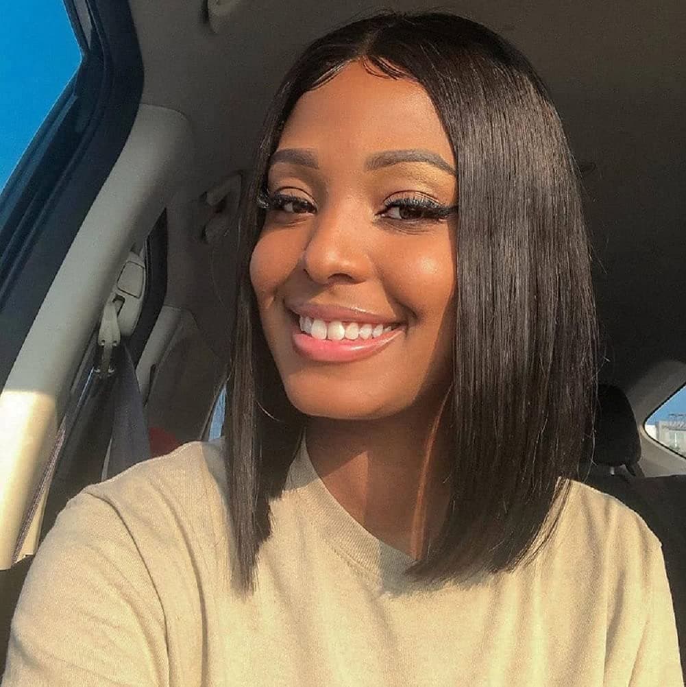 Straight Bob Wigs 4x4 Lace Closure Human Hair Bob Wigs for Black Women (14 Inch) Middle Part Straight Closure Wigs Human Hair 130% Density