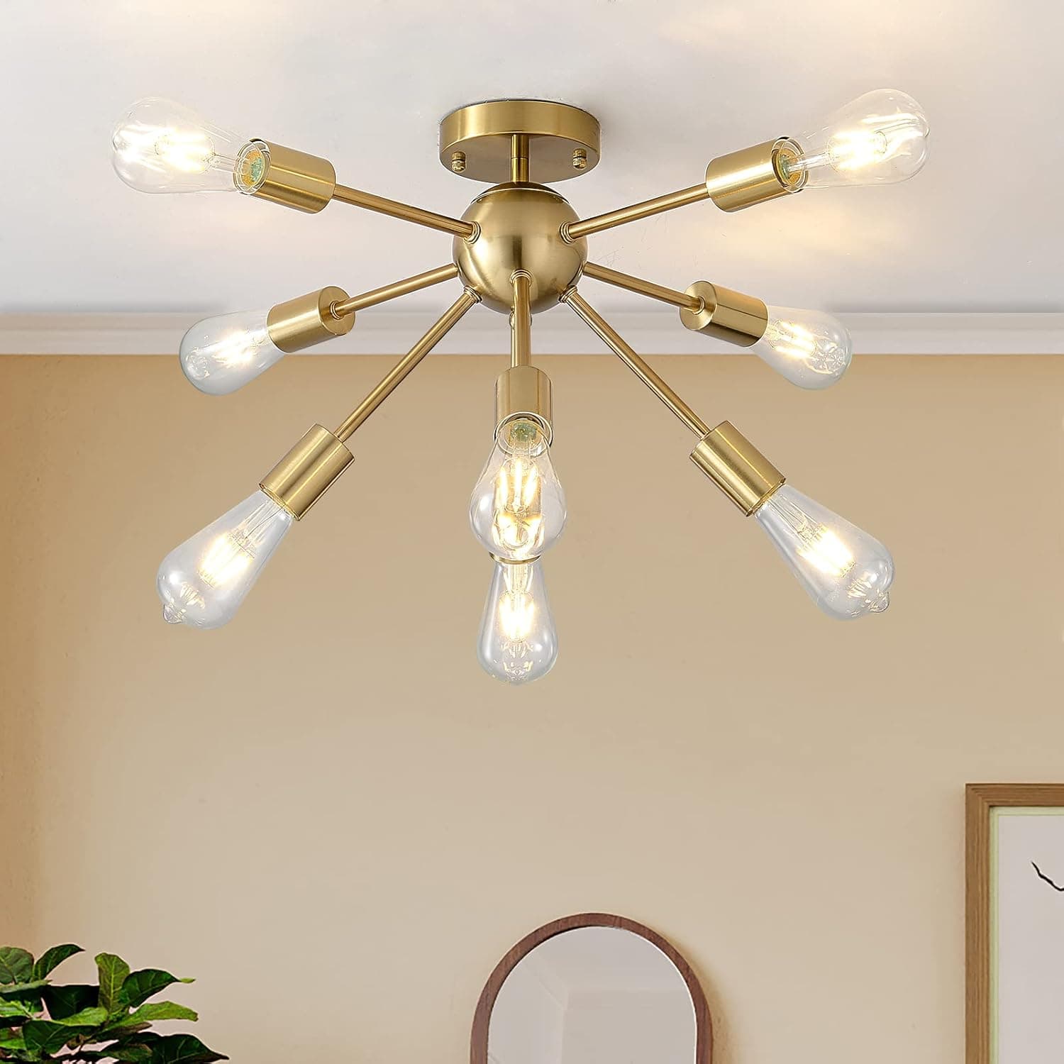 Gold Sputnik Chandelier 8-Light, Industrial Vintage Metal Semi Flush Mount Ceiling Light Fixtures for Dining Room Kitchen Living Room Foyer and Hallway