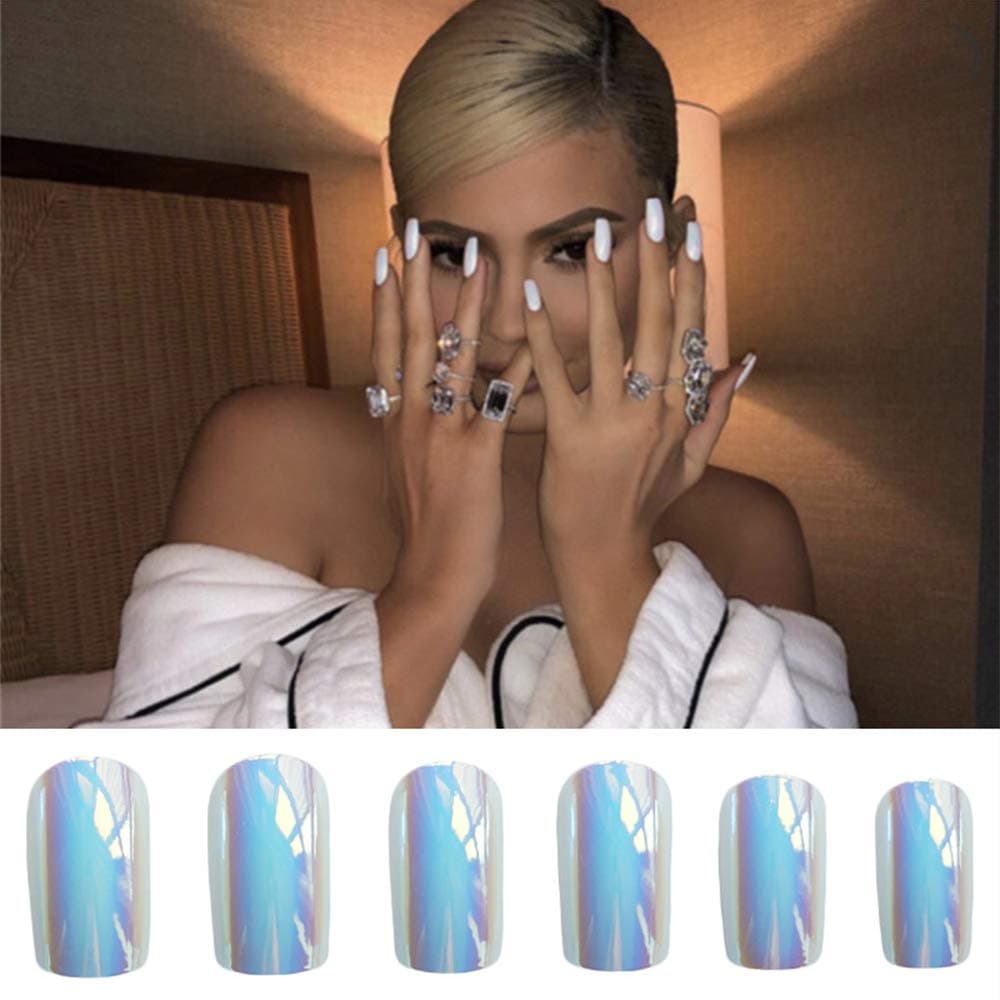 Aimimier 24Pcs Ballerina False Nails Gothic Reflective Mirror Full Cover Coffin Fake Nails with Glue Sticker Clip on Nails for Women and Girls (White)