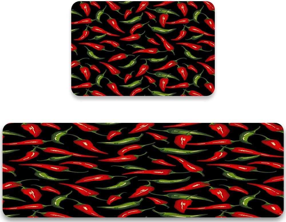 JILANGCA Chili Pepper Kitchen Rug Sets 2 Pieces Chili Peppers Comfort Mat Cushioned Floor Mats Washable Doormat 17.7inch X 47.2inch + 17.5inch X 29.5inch