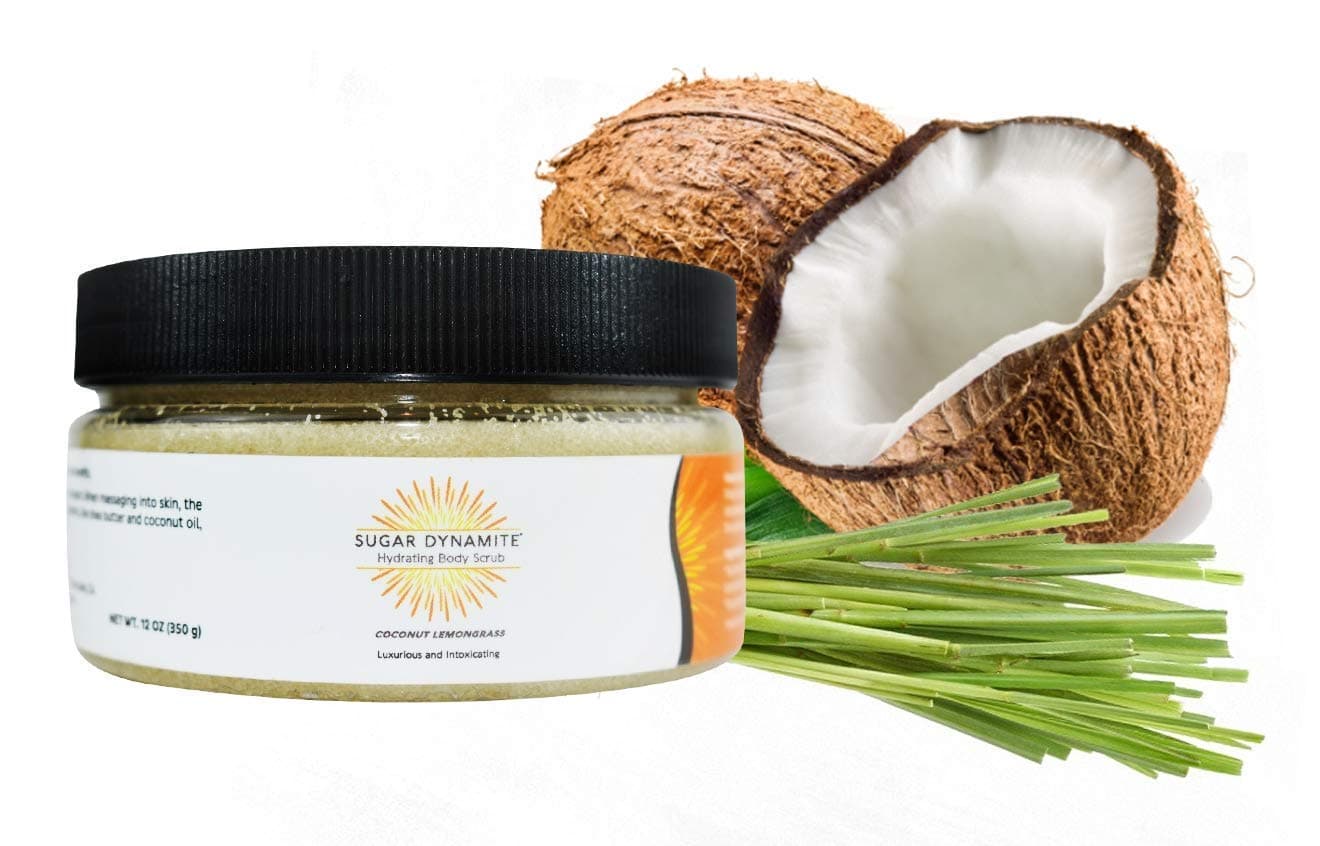 Sugar Dynamite Body Scrub with All Natural Vegan Sugar, Raw Shea Butter and Organic Coconut Oil to Exfoliate, Hydrate and Moisturize Dry Skin - Coconut Lemongrass 12 oz. Jar