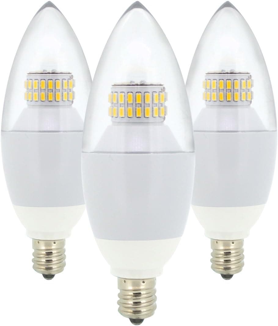 J&C LED (3-Pack) 6w Torpedo Light Bulb - 60w Incandescent Replacement Warm White (2700K) E12 Candelabra Base LED Bulbs, Blunt Tip Clear Cover, Gloss White Body, Dimmable