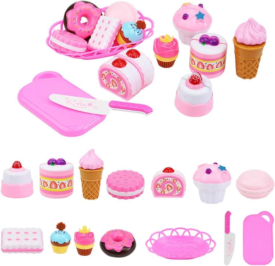ELitao 15 PCS Pretend Play Food Set - Pretend Cutting Play Desserts Cake Ice Cream and Donuts Food Toys - Birthday Gifts Set Toy for Boys, Girls, Kids (Pink)