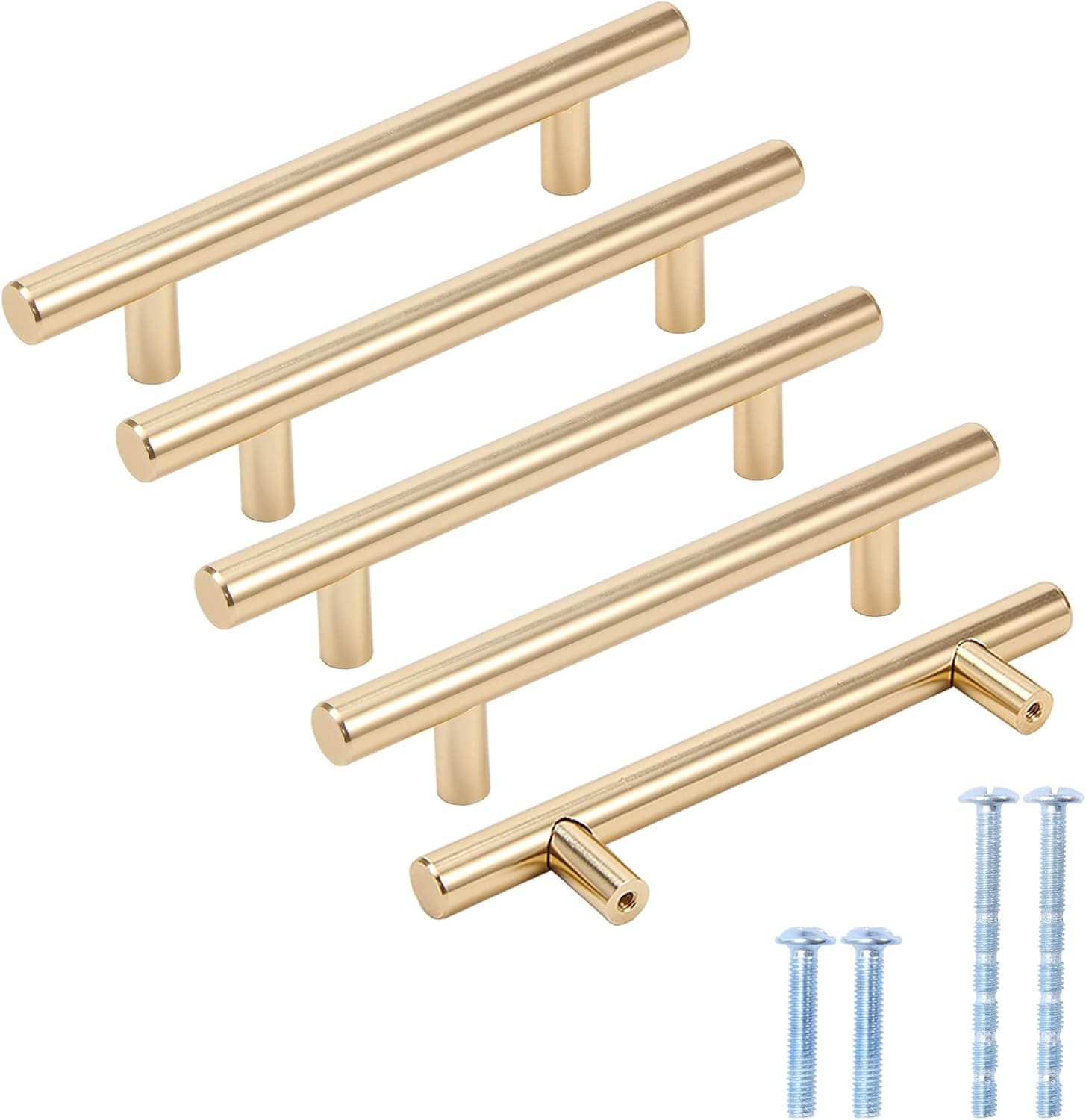 Kvosit 5 Packs Champagne Gold Cabinet Pulls 3 3/4 Inch Light Gold Kitchen Cabinet Handles Round Drawer Pull Handle Sets Modern Euro T Bar Cupboard Pulls 6”Decorative Hardware for Dresser Closets