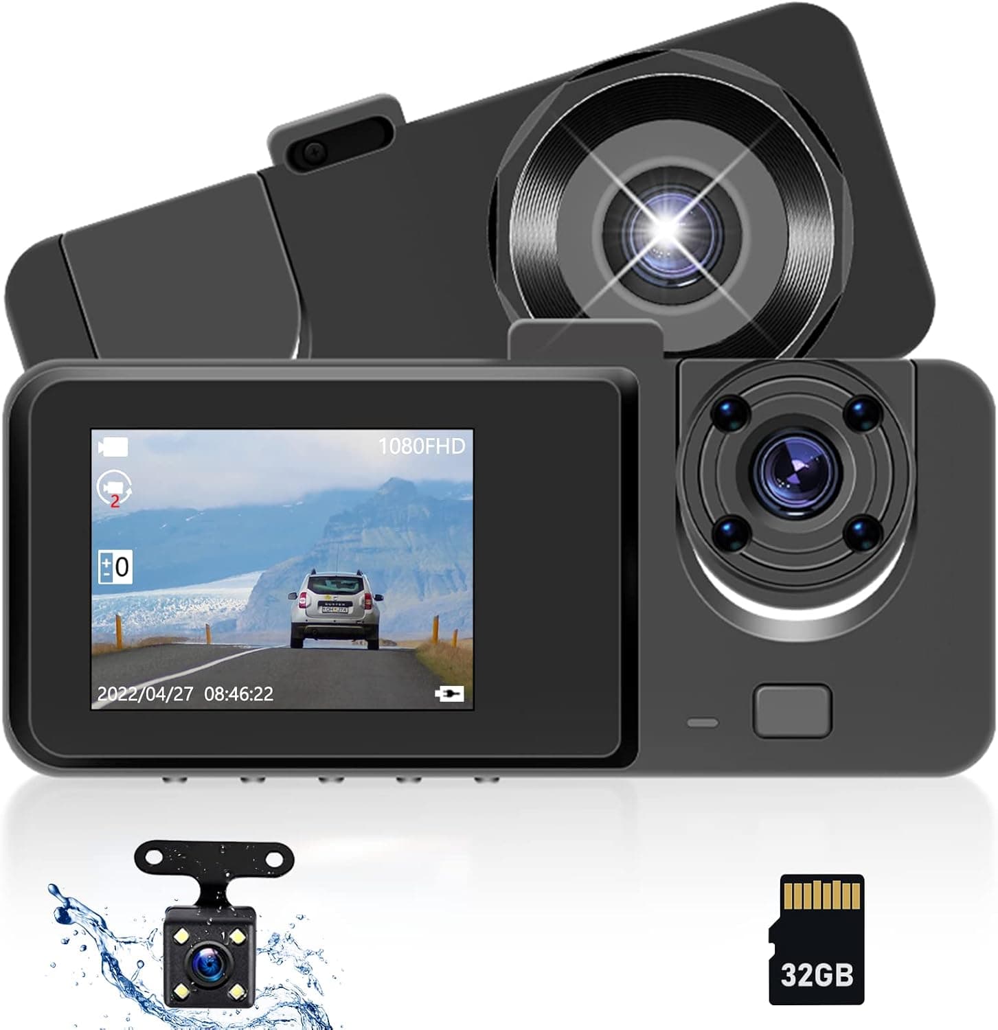 3 Channel Dash Cam Front and Rear Inside, 1080P Dash Camera for Cars Three Way Triple Car Camera with IR Night Vision,Loop Recording, G-Sensor, 24H Parking Monitor+32GB SD Card