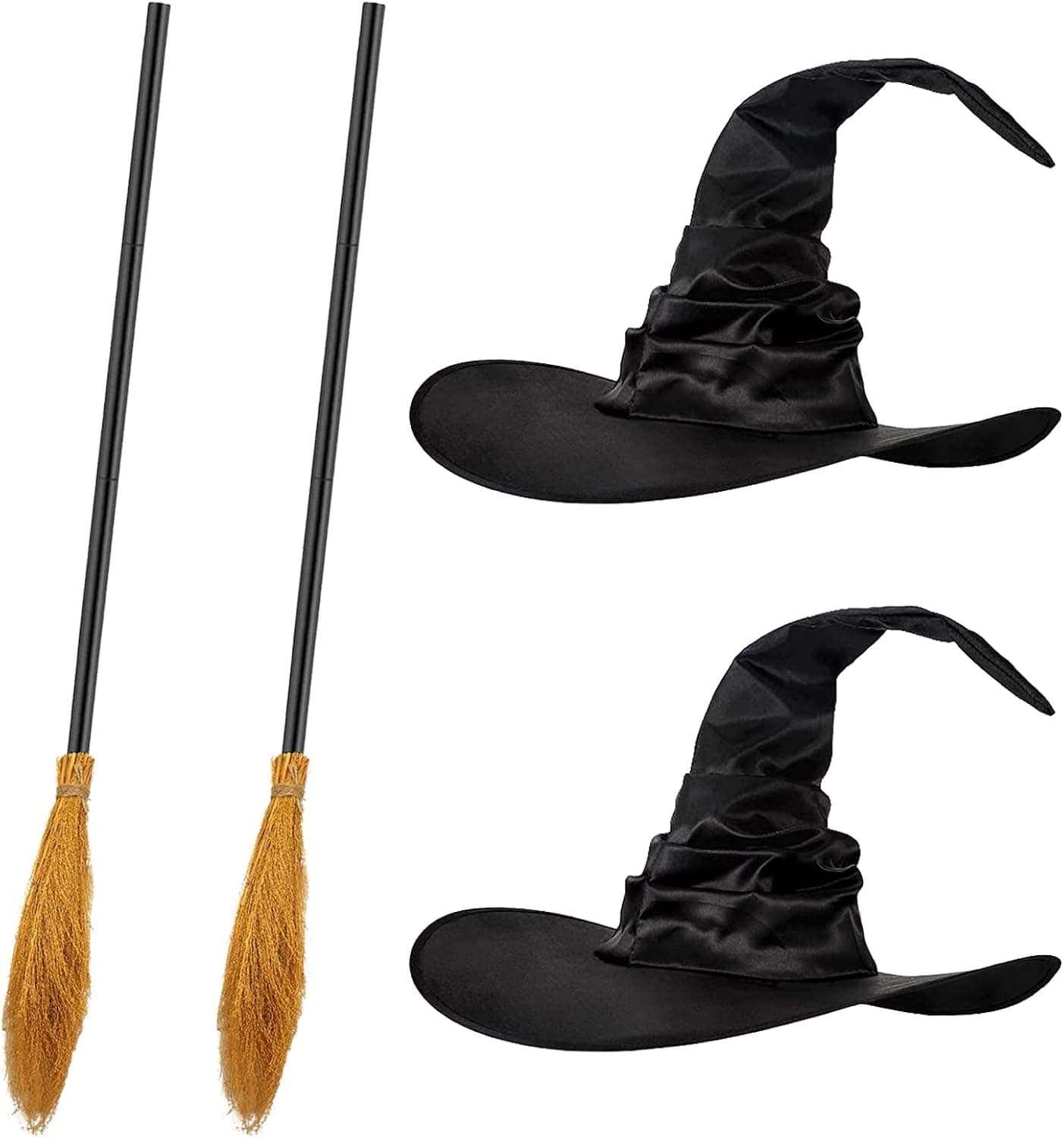 Medoore 4 Pcs Halloween Witch Broom Hat Set 2 Pack Halloween Witch Hat Large Ruched Halloween Witch Hat and 2 Pack Halloween Witch Broom Costume Accessory for Halloween Christmas Party