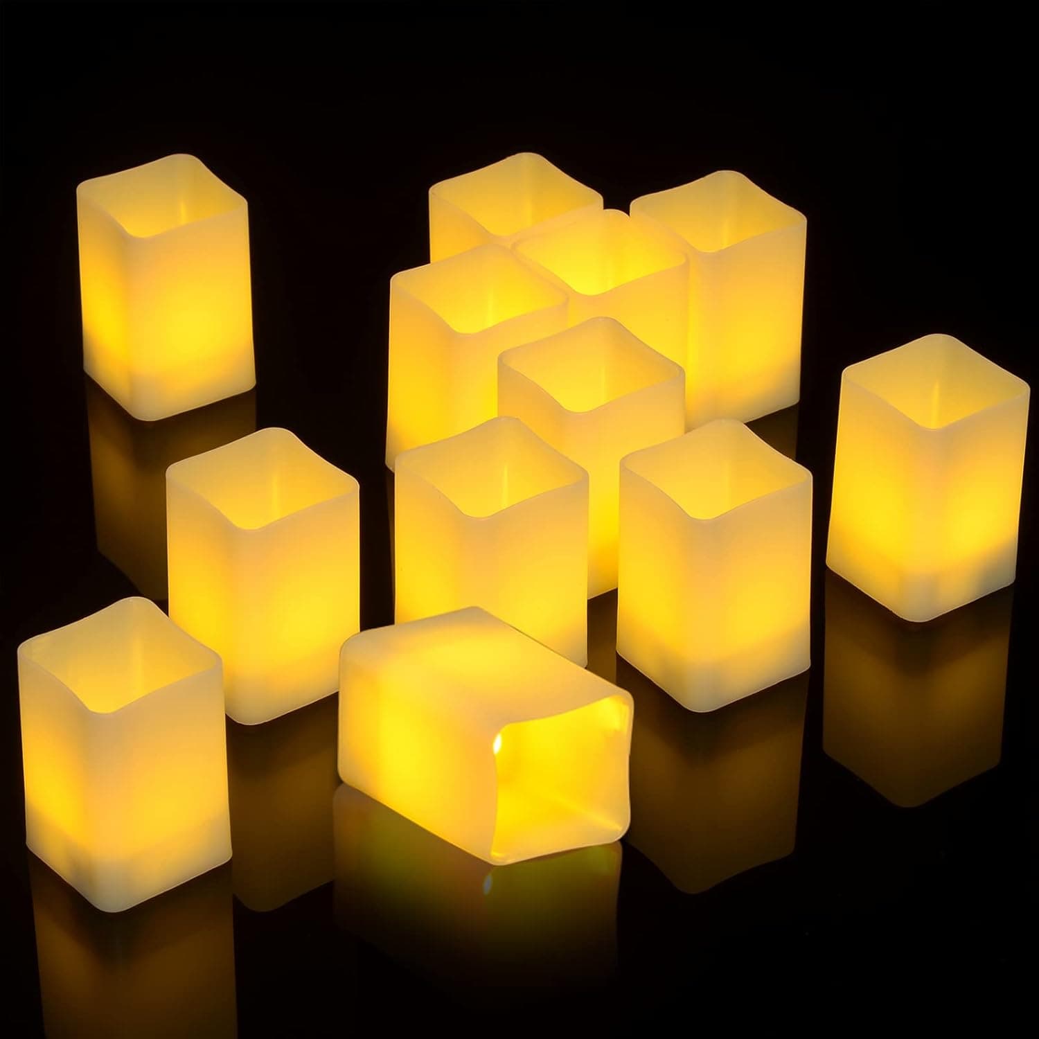 PChero Tea Lights Candles with Timer Battery Operated Flickering Flameless, 12pcs Warm White Led Square Votive Timed Tea Lights for Wedding Party Festival Birthday Home Decor
