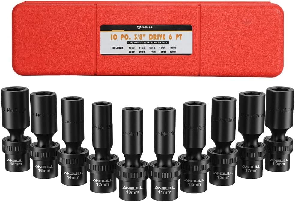 Anbull 3/8" Drive deep Universal Impact Socket Set,Drive Swivel Socket with Flexible Wobble,6 Point 10PCS Metric Impact Stand Socket Set 10mm-19mm
