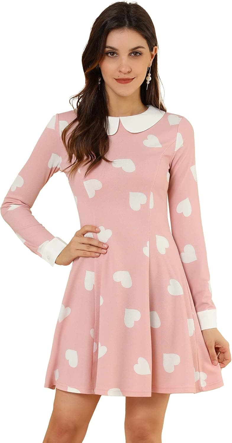 Allegra K Women's Peter Pan Collar Contrast Printed A-Line Short Dress