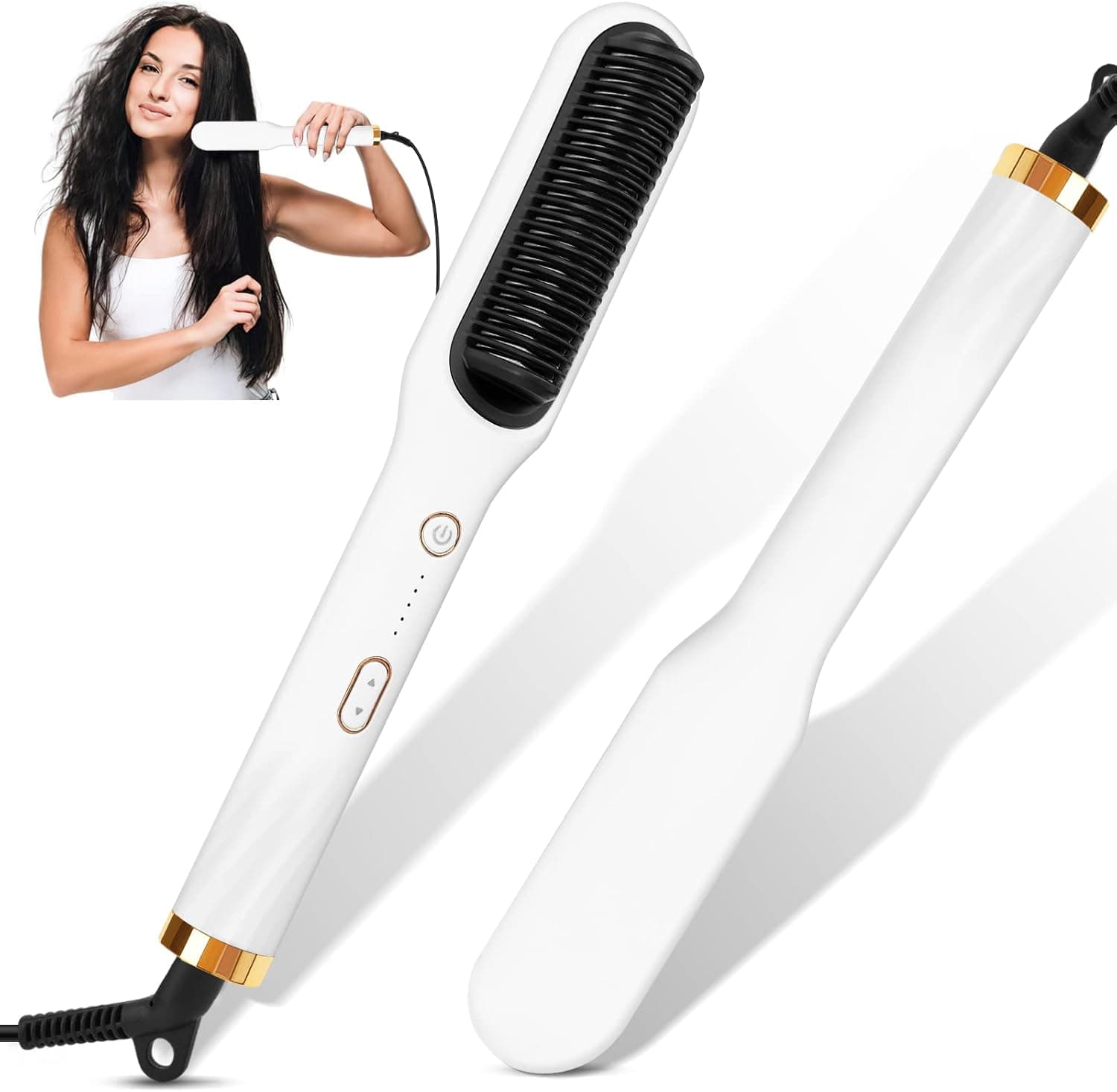 Augot Hair Straightener Brush Negative Ion Hair Straightener Styling Comb, 30S Fast Heating Hair Straightening Brush with 4 Temp Settings, 2 in 1 Hair Straightener Comb and Curler for Women Home Salon