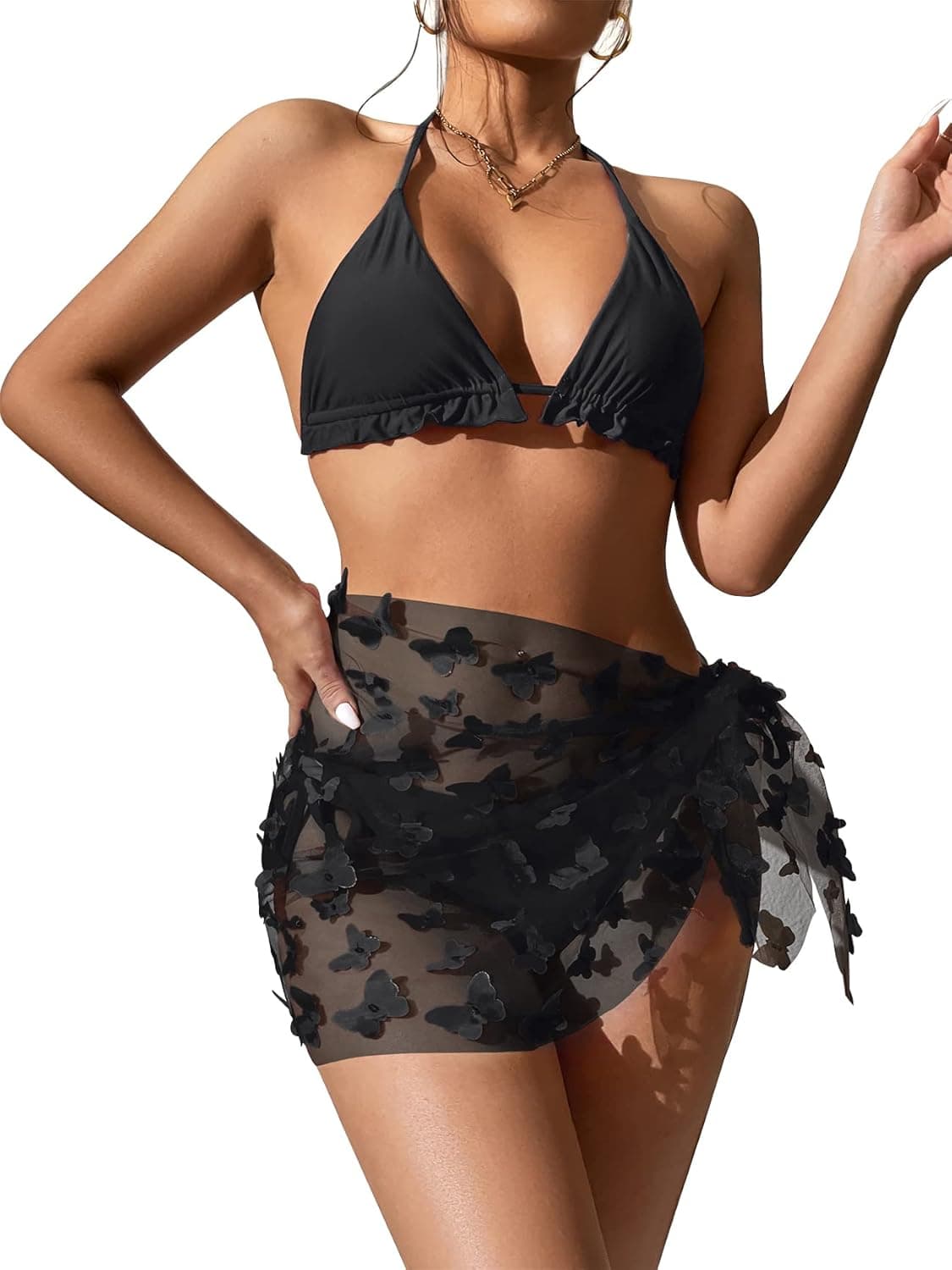 Womens 3 Piece Swimsuits Sexy Bikini Sets String Thong Triangle Bikini Halter Butterfly Bathing Suits with Sarong