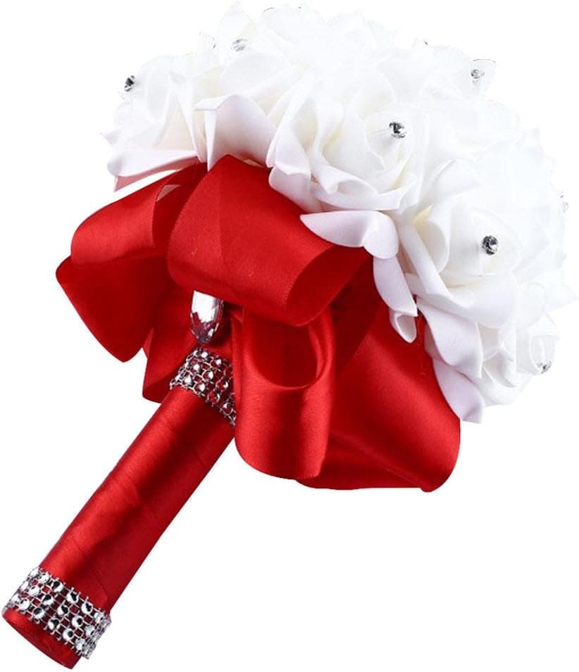 Elaco Artificial Silk Wedding Flowers, Crystal Roses Pearl Bridesmaid Bouquet Bridal (Red)