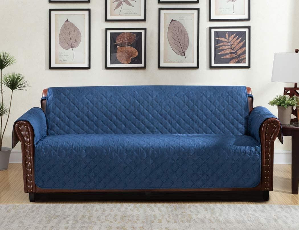 Home Queen Premium Couch Slipcover, Non-Slip Waterproof Sofa Protector with Pocket and Elastic Straps, Furniture Covers for Dogs, Kids, Pets, Sofa Covers 76'' L x 108'' W, Navy