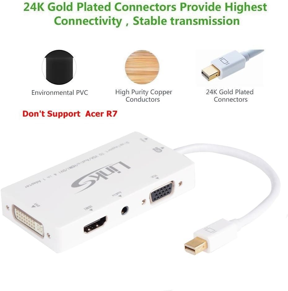 LinkS Gold Plated Mini DisplayPort (Thunderbolt Port Compatible) to HDMI/VGA/DVI Male to Female Support Audio 4-in-1 Adapter in White