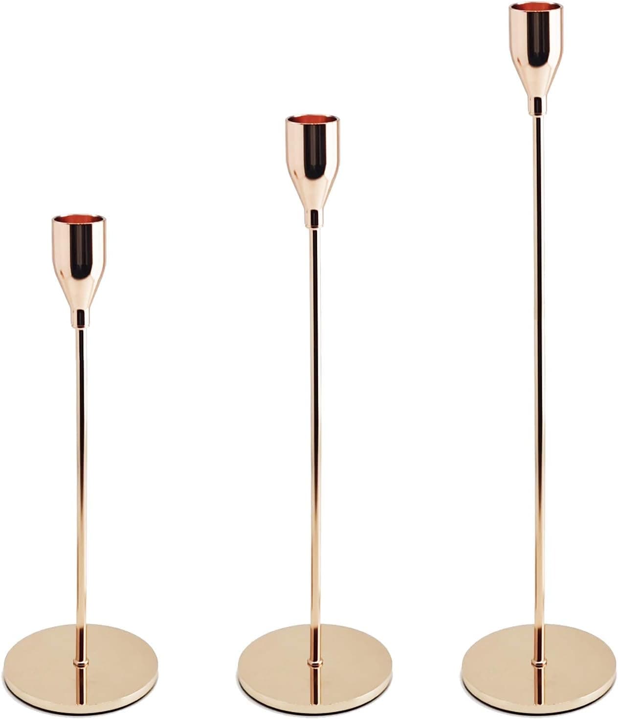Rose Gold Candle Holders Taper Candles Set of 3 Decorative Candlestick Holder for Wedding Tabletops Modern Table Centerpiece for Dinning Party Fits Thick&Led Candles