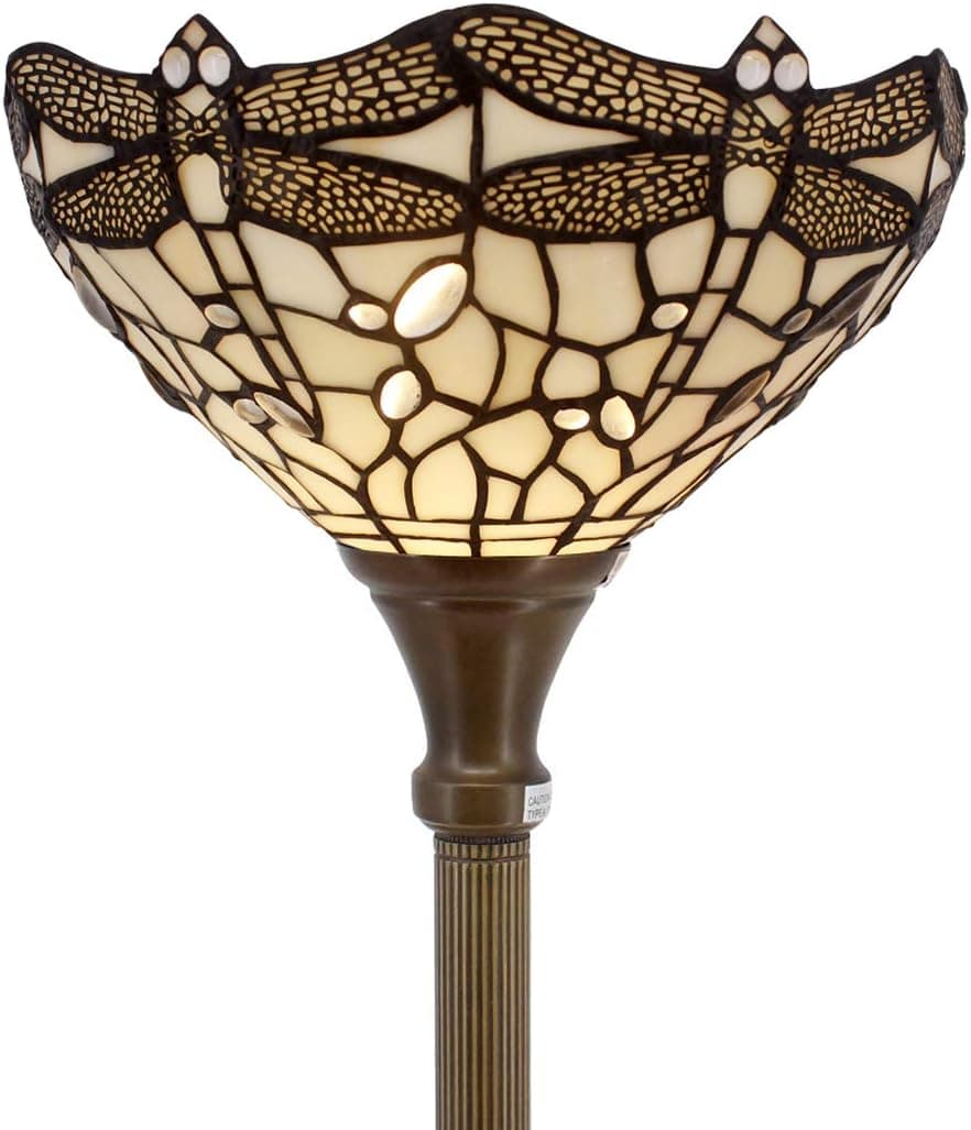 WERFACTORY Tiffany Floor Lamp Cream Stained Glass Dragonfly Light 12X12X66 Inches Pole Torchiere Standing Corner Torch Uplight Decor Bedroom Living Room Home Office S139 Series