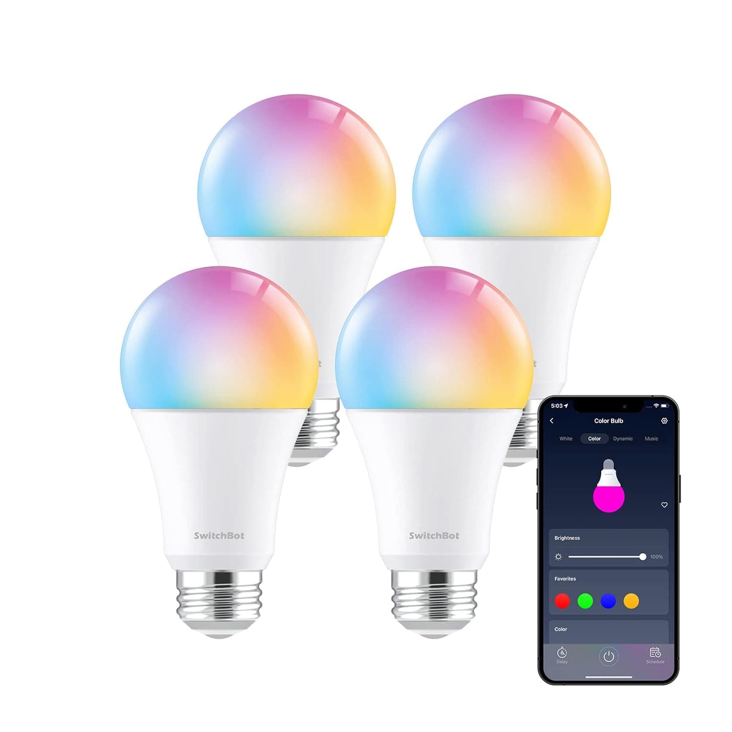 SwitchBot Smart LED Light Bulb - Color Changing Dimmable WiFi&Bluetooth Bulb Works with Alexa&Google, RGBCW Multicolor Warm White E26 10W 800lms Equals 60W Bulb, 2.4GHz Only, No Hub Required (4 Pack)