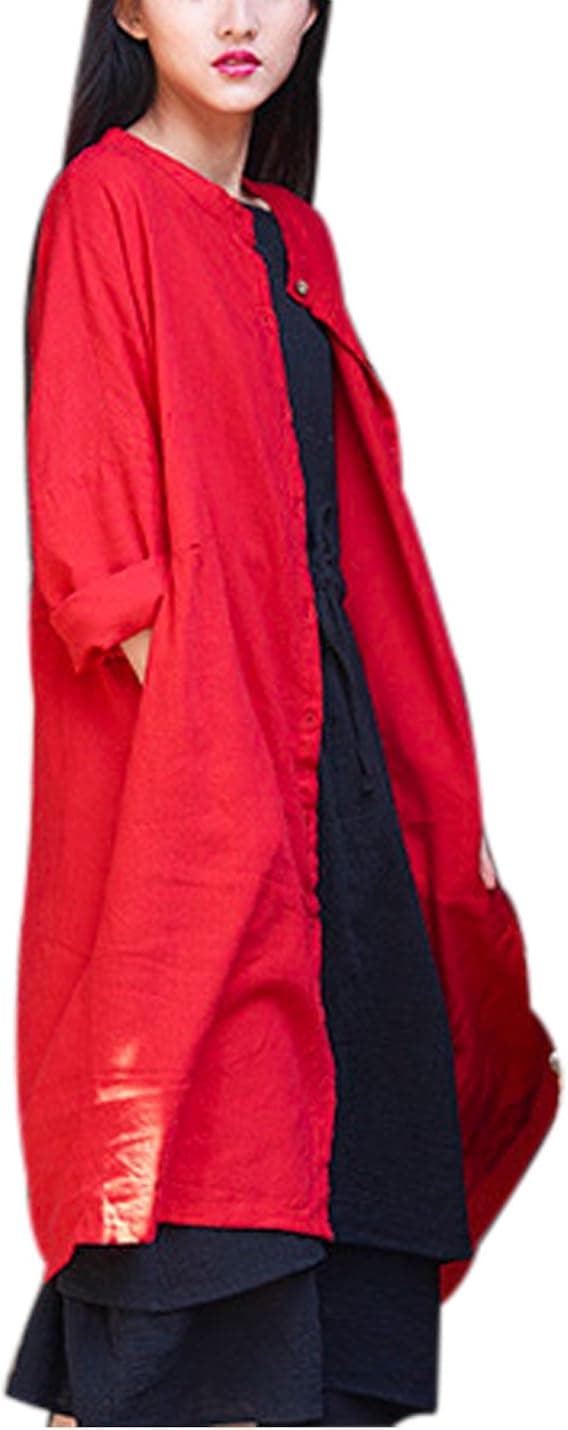 Lentta Women's Oversized Maxi Long Linen Button Down Shirt Dress with Pockets (Free Size, Red)