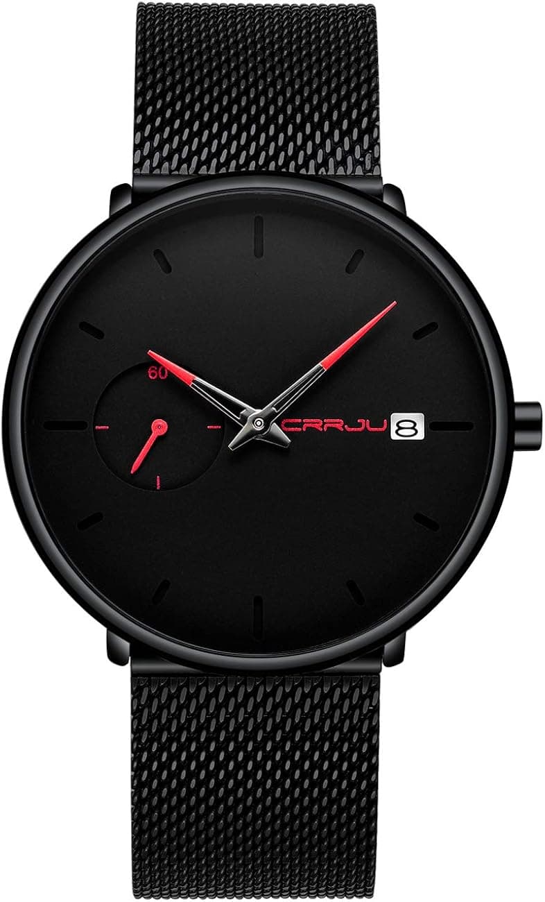 CRRJU Fashion Simple with Date Analog Quartz Men's Stainless Steel Mesh Strap Wrist Watch Black