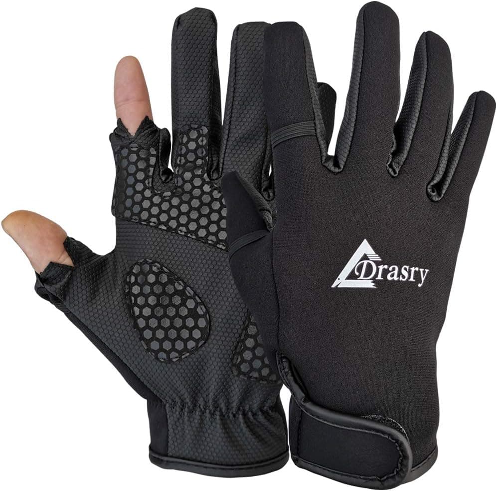 Drasry Neoprene Fishing Touchscreen Gloves for Men and Women 2 Cut Fingers Flexible Non-Slip Glove for Fly Fishing Photography Running Hiking Jogging Bike Walking Cycling (Black, L)