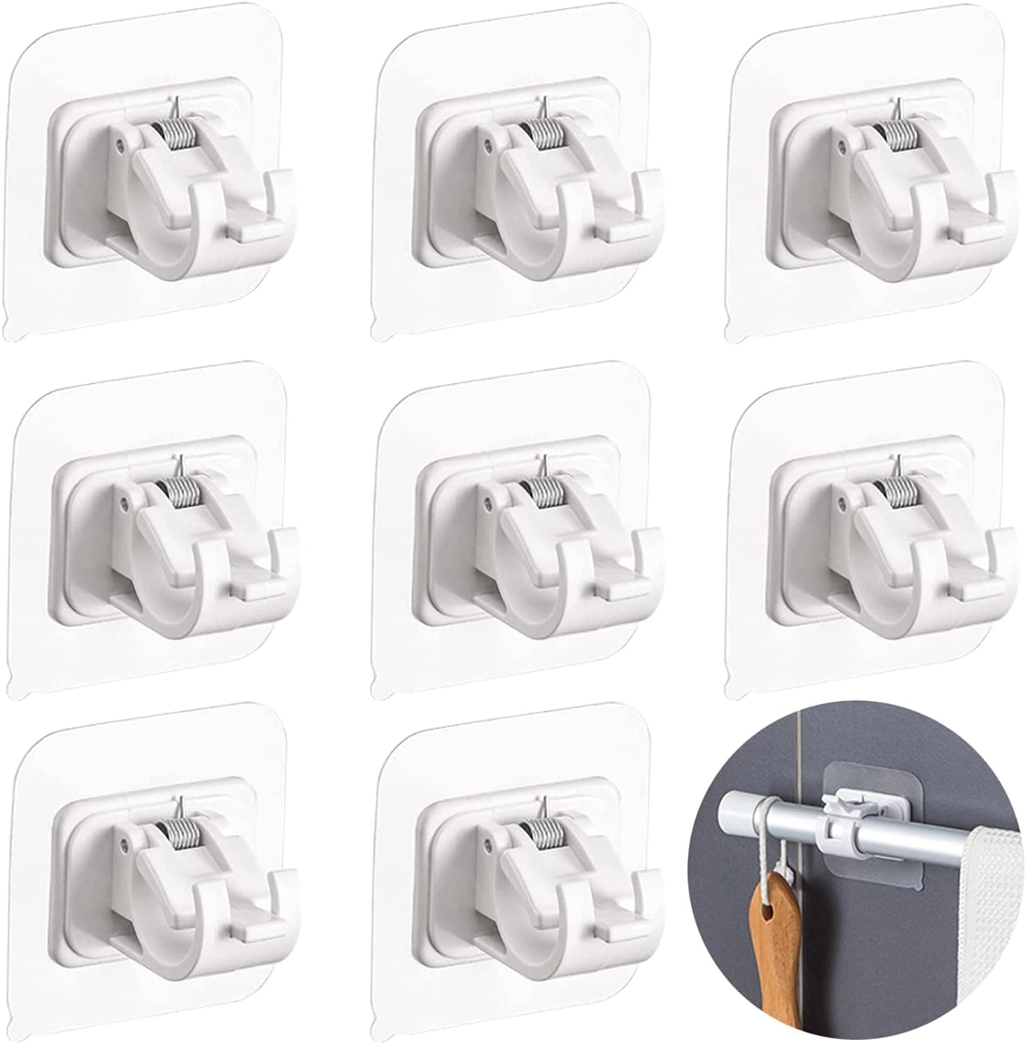 Curtain Rod Bracket No Drilling, 8 PCS Self Adhesive Curtain Rod Brackets, Self Adhesive Curtain Rod Holder Hooks for Bathroom Kitchen Home Bathroom and Hotel Use (White)