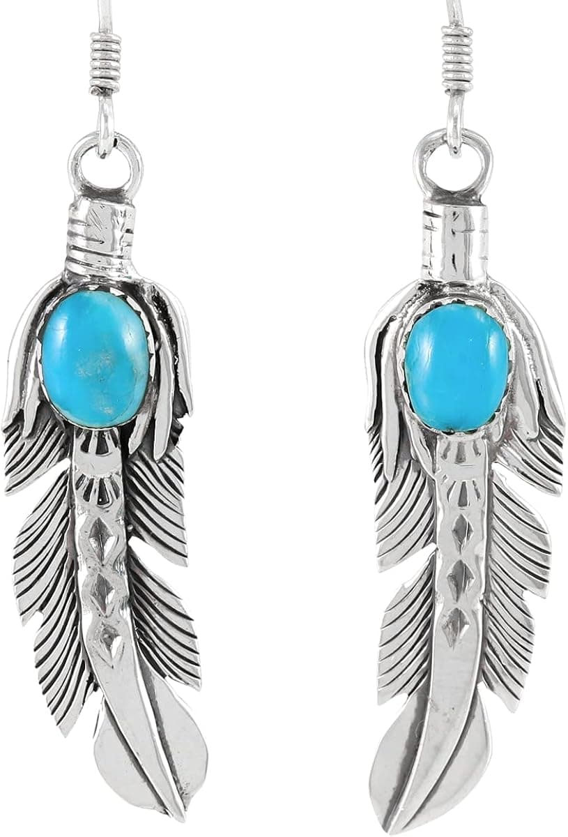Feathers Turquoise Earrings 925 Sterling Silver & Genuine Turquoise
