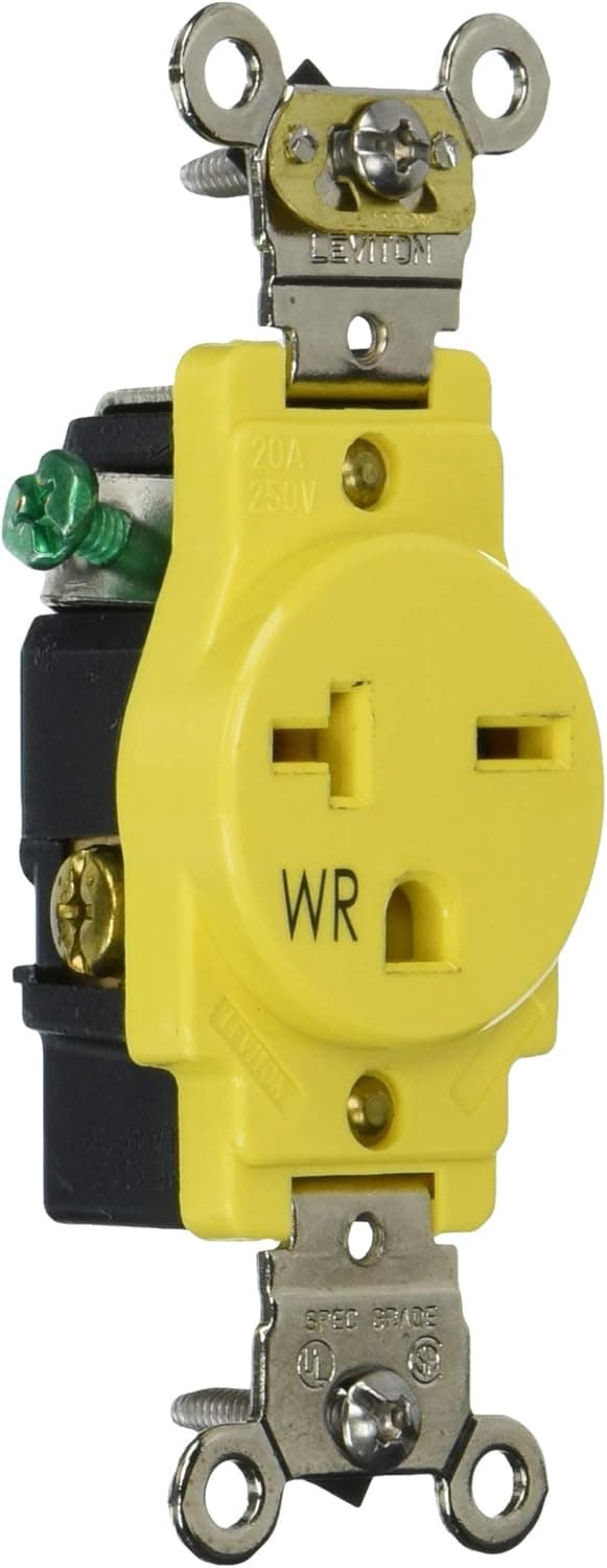Leviton W5461-Y Single Receptacle Outlet, Weather-Resistant, 20 Amp, 250 Volt, Heavy-Duty Industrial Specification Grade, Back or Side Wire, Self-Grounding, Yellow