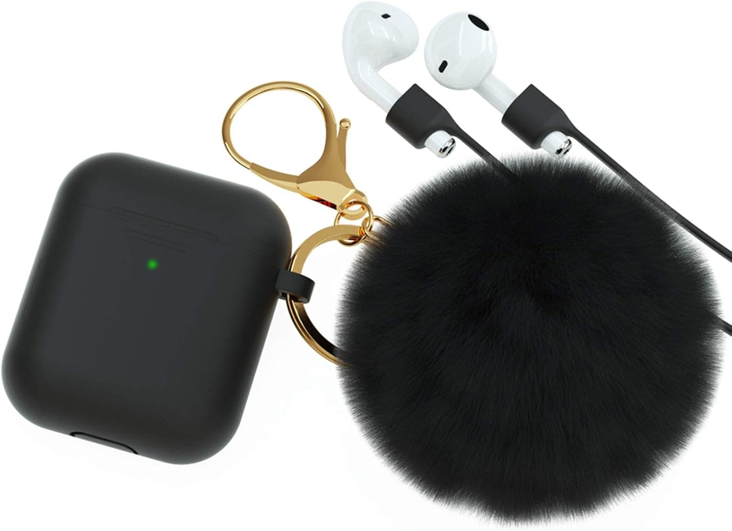 BRG for AirPods Case,Soft Cute Silicone Cover for Apple Airpods 2 & 1 Cases with Pom Pom Fur Ball Keychain/Strap/Earbuds Accessories (Front LED Visible) (Black)