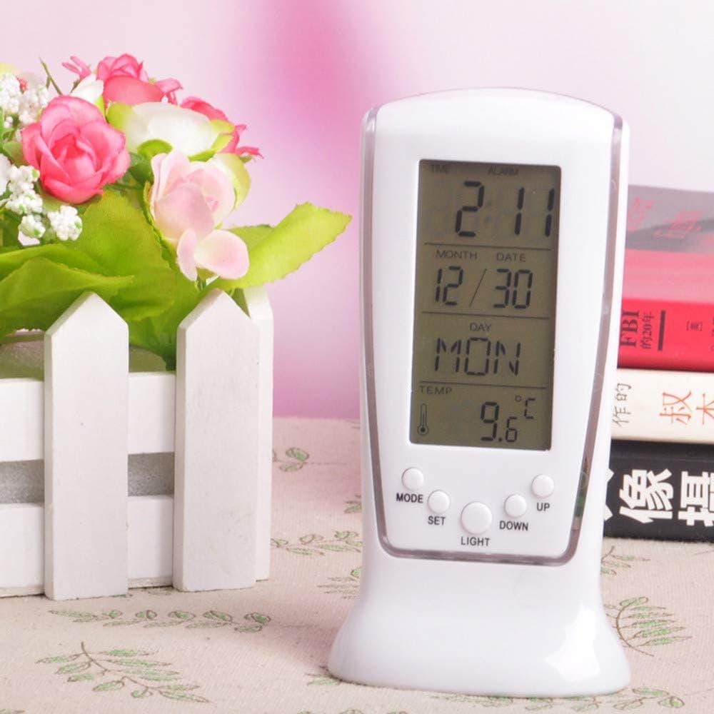 Quaanti Digital Backlight Led Display Table Alarm Clock, Snooze Thermometer Calendar,Digital Clock with Date and Day of Week Large Display Battery Powered for Bedrooms Living Room (White)
