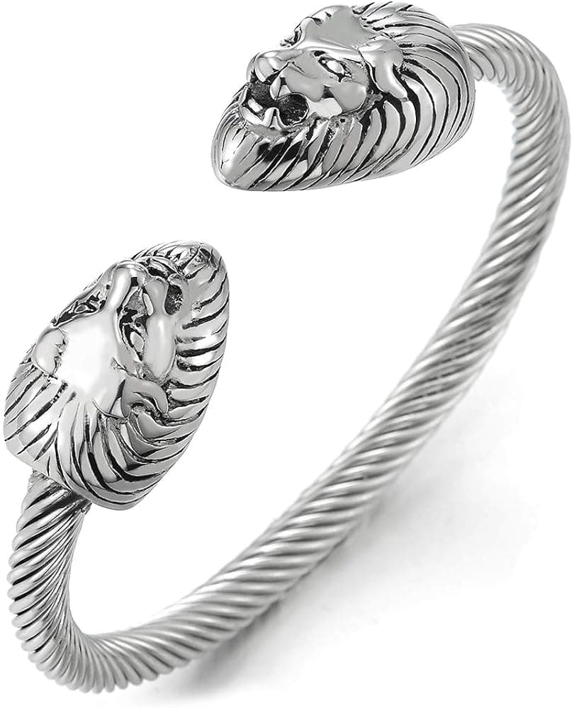 COOLSTEELANDBEYOND Minimalist Mens Stainless Steel Lion Head Twisted Cable Cuff Bangle Bracelet, Polished, Adjustable