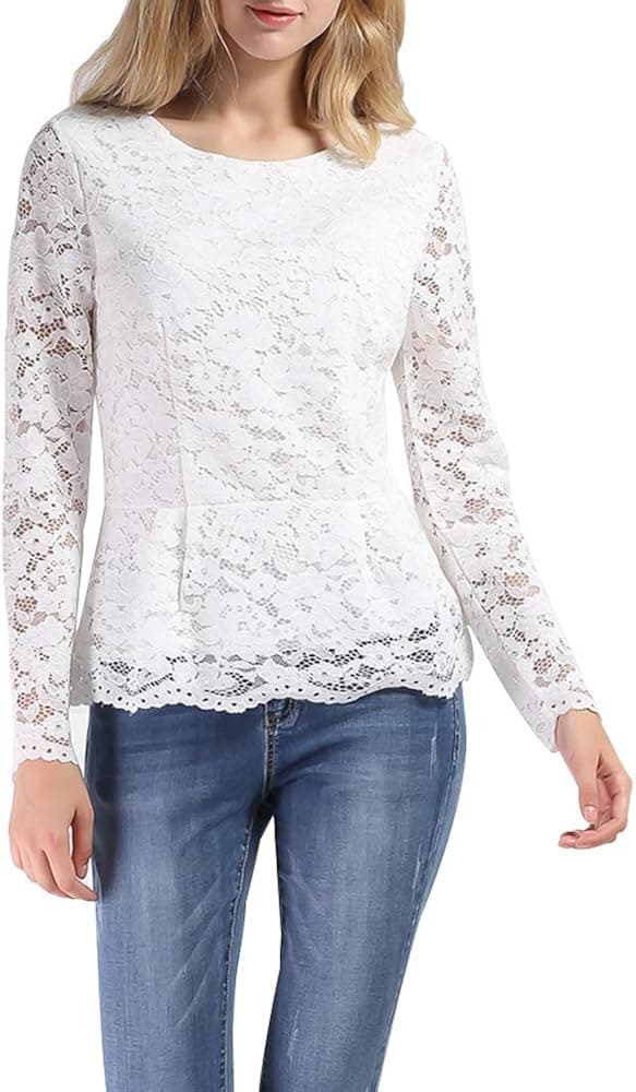 VERO VIVA Women's Floral Lace Round Neck Long Sleeve Shirt Fits Tuinc Blouse Top