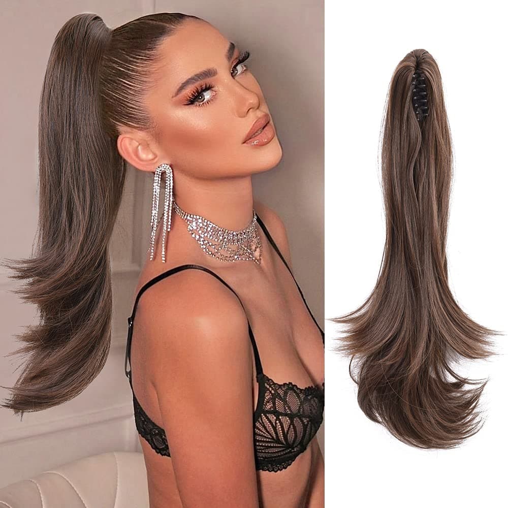 MSMUSAS Long Ponytail Extension Claw Clip in Ponytail Extensions for Women Straight Hair with Slight Curls Ponytail Hairpieces Synthetic Fake Hair Ponytail (2/30#)