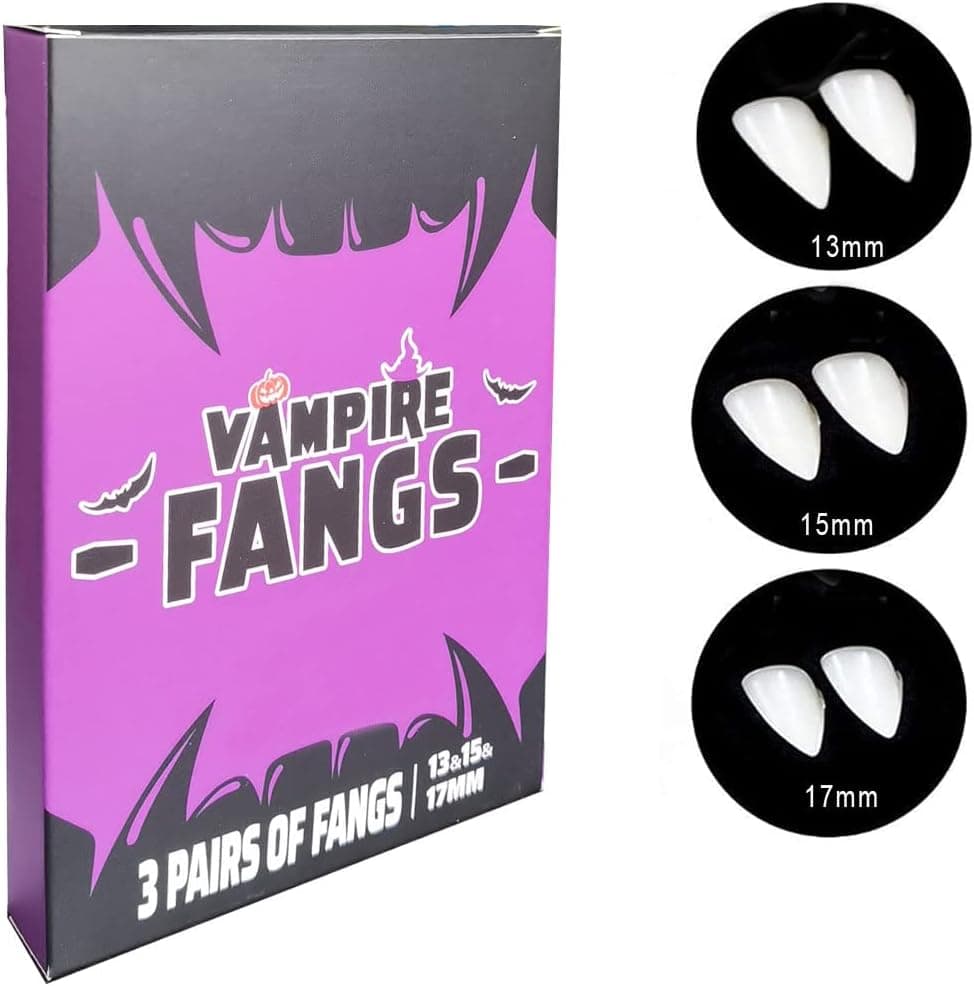 WesGen Vampire Teeth Fangs 3 Pairs, Halloween Party Cosplay Dentures Prop Decoration with Pellets Adhesive for Halloween Costume Party Favors