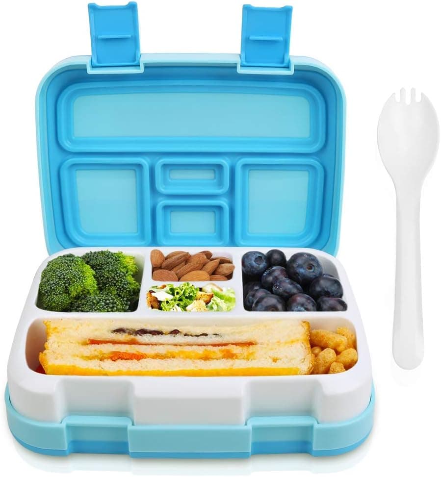 Kids Bento Box,5 Compartment Lunch Container for Kids with Spoon Fork,BPA-Free Leakproof Food Container with Removable Tray for Meal and Snack Packing,Microwave Safe Bento Box for Ages 3 to 7