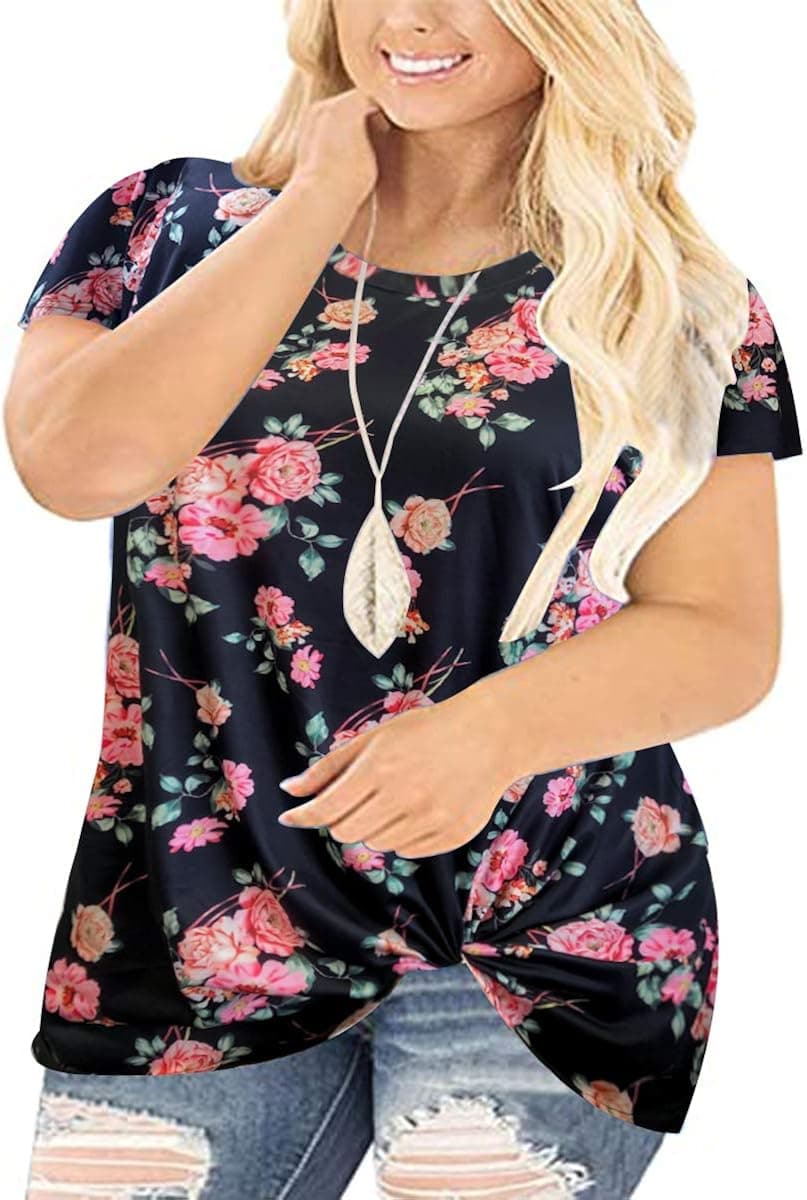 CARCOS 3X Plus Size Tops for Women Floral Print Tunics Twist Knotted Short Sleeve Summer Shirts Crewneck Blouses Casual Black Tunics 3XL 22W 24W